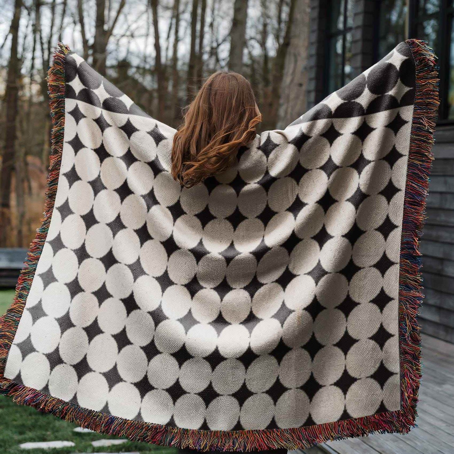 Black White Circle Blanket – Cozy Cotton Throw With Fringed Edge, Modern Geometric Design - timelessbohochic.com