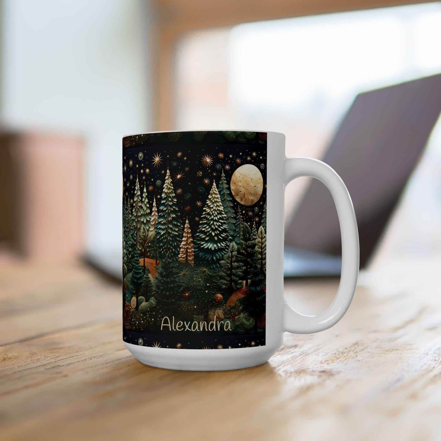 Moon and Trees Coffee Mug - Winter Landscape Ceramic Cup | Cozy Hot Beverage - timelessbohochic.com