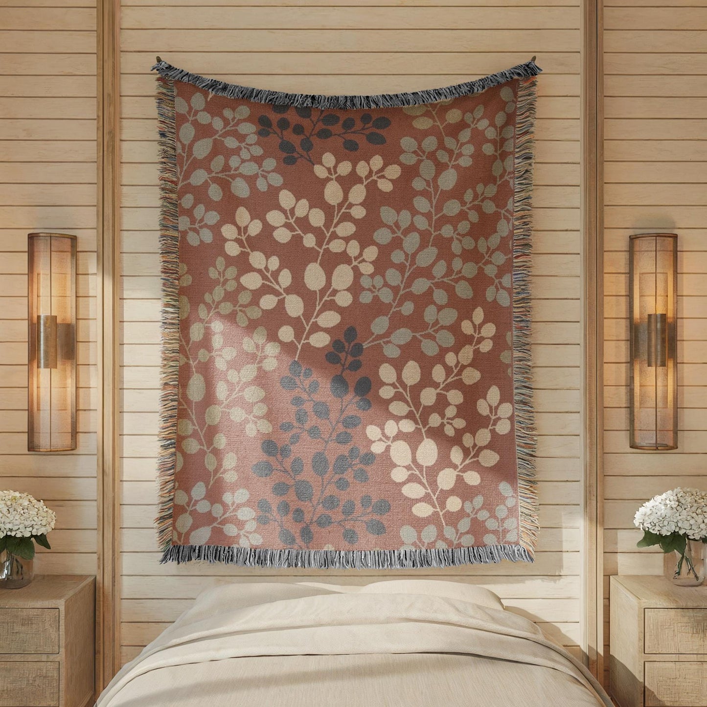 Woven Tapestry - Japanese Style Floral Textile Wall Hanging with Fringed Edges