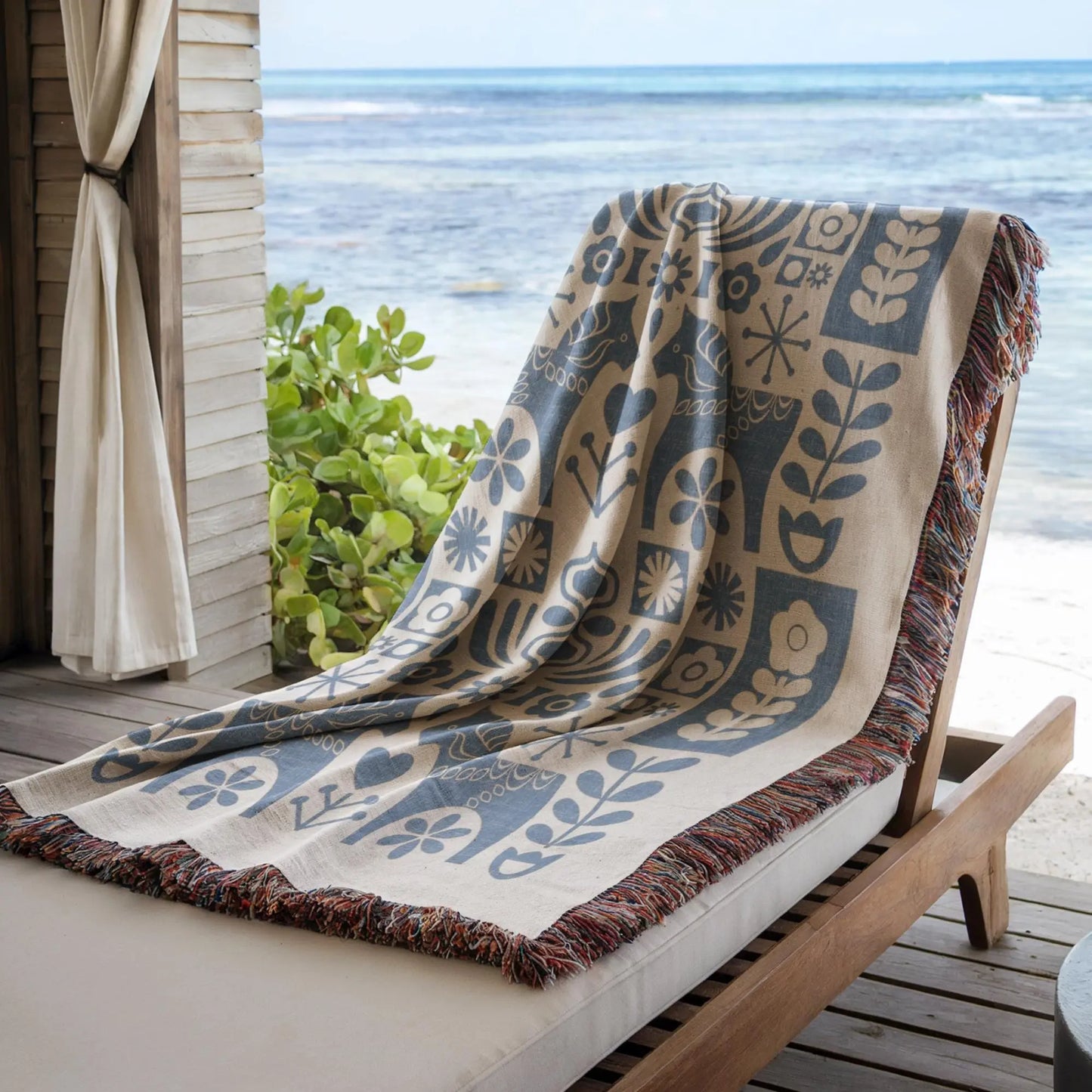 Blue Dala Horse Blanket - Scandinavian Folk Art Cotton Tapestry Throw for Cozy Hygge Home