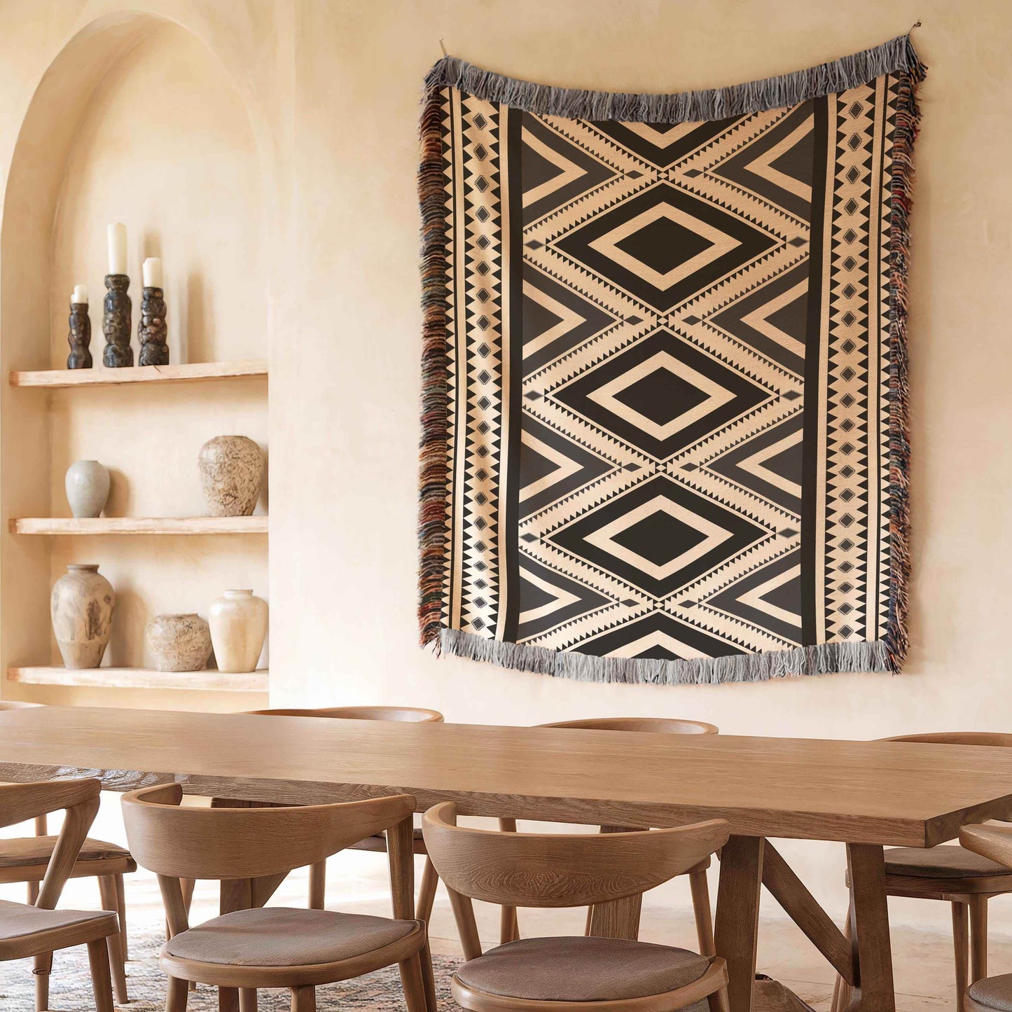 Native American Wall Hanging – Boho Wall Decor With Southwestern Tapestry & Fringed Edge - timelessbohochic.com