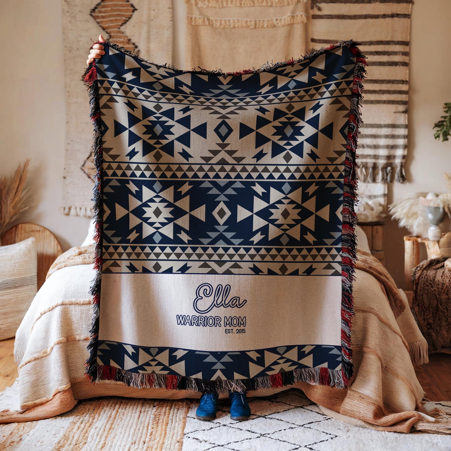 Native American Blanket – Tribal Pattern Cotton Throw With Colorful Fringed Edges