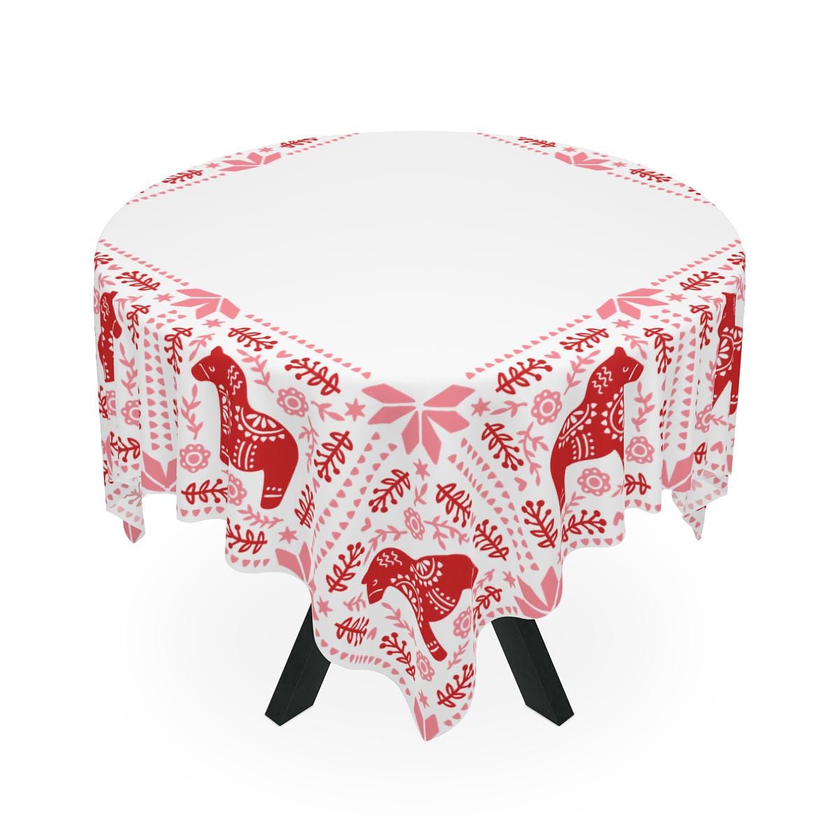 Scandi Dala Horse Tablecloth - Nordic Holiday Table Cover | Cozy Winter Dining Accent