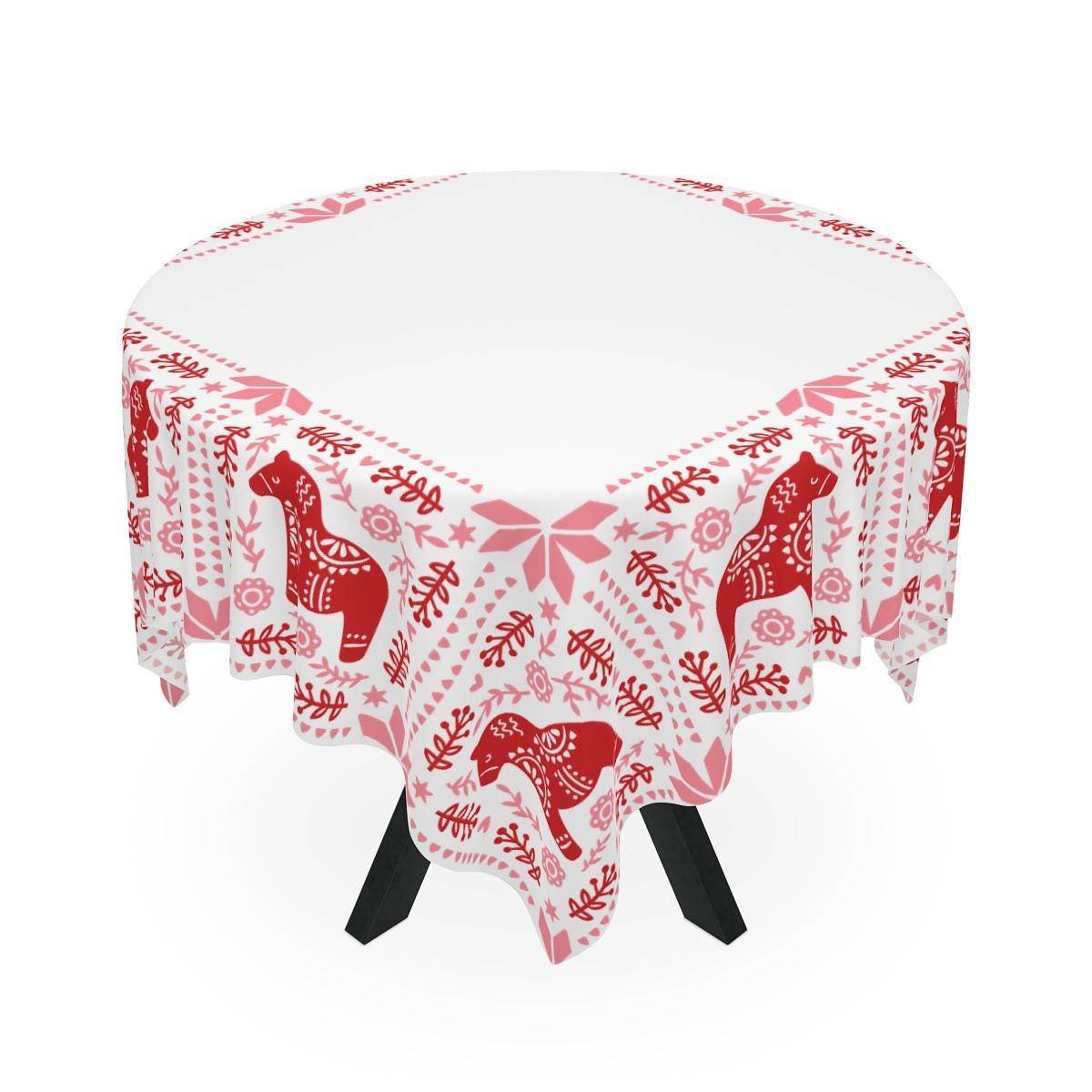 Scandi Dala Horse Tablecloth - Nordic Holiday Table Cover | Cozy Winter Dining Accent - timelessbohochic.com