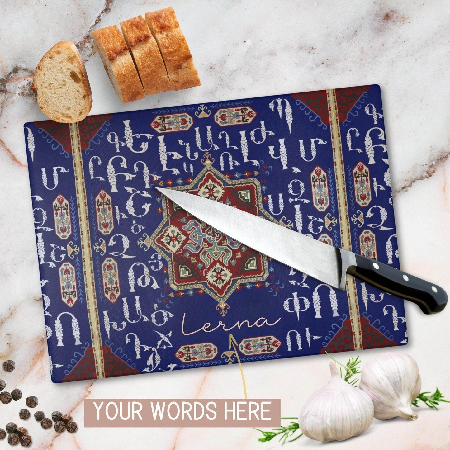 Armenian Glass Cutting Board – Blue White Alphabet Kitchen Decor | Tempered Glass, Non Slip - timelessbohochic.com