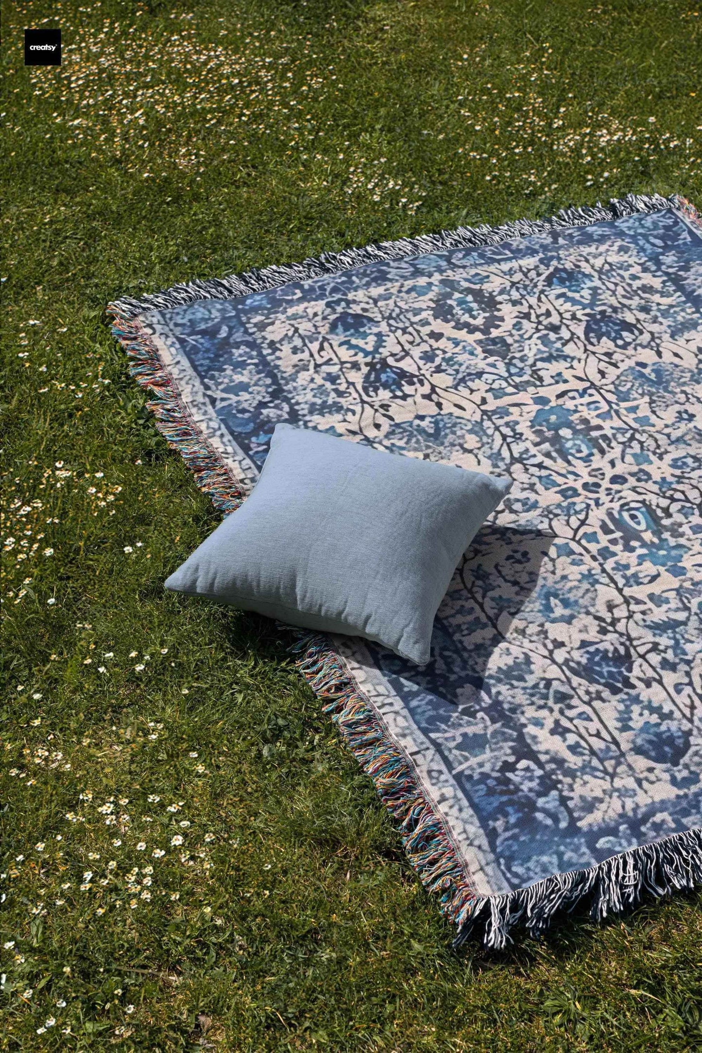 Cotton Throw Blanket - Woven Persian Pattern Rug with Fringed Edge, Soft Cozy - timelessbohochic.com