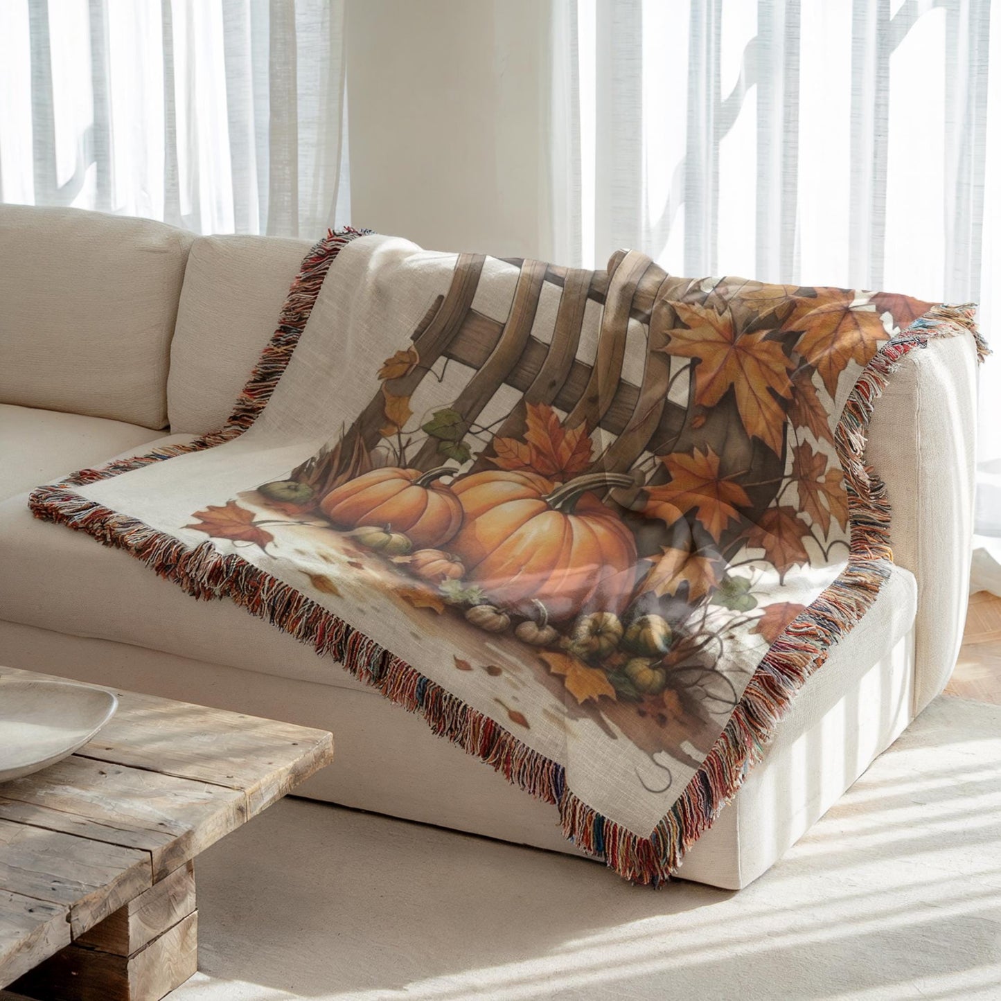 Thanksgiving Couch Blanket, Fall Leaves Sofa Throw, Harvest Season Cover, Cotton Woven Throw, Warm Farmhouse Decor, Thanksgiving Gift Idea