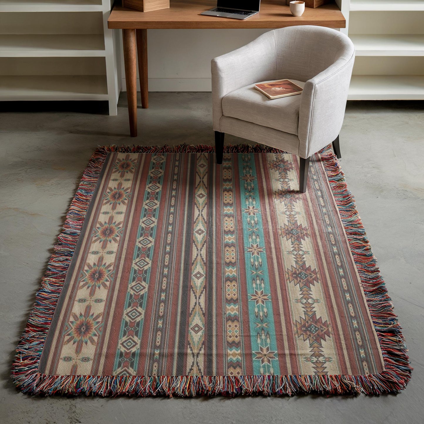 Native American Blanket – Navajo Pattern Throw With Colorful Fringed Edges