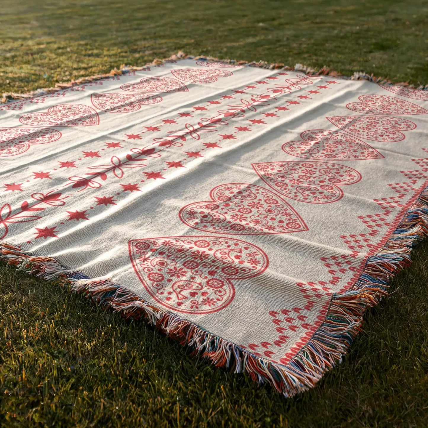 Scandi Heart Blanket – Woven Cotton Throw with Red Hearts | Cozy Nordic Gift