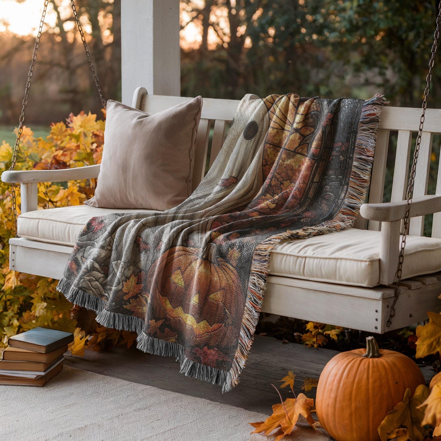 Halloween Decor Blanket - Festive Fall Cotton Throw With Ghost Pumpkin & Stained Glass Motif
