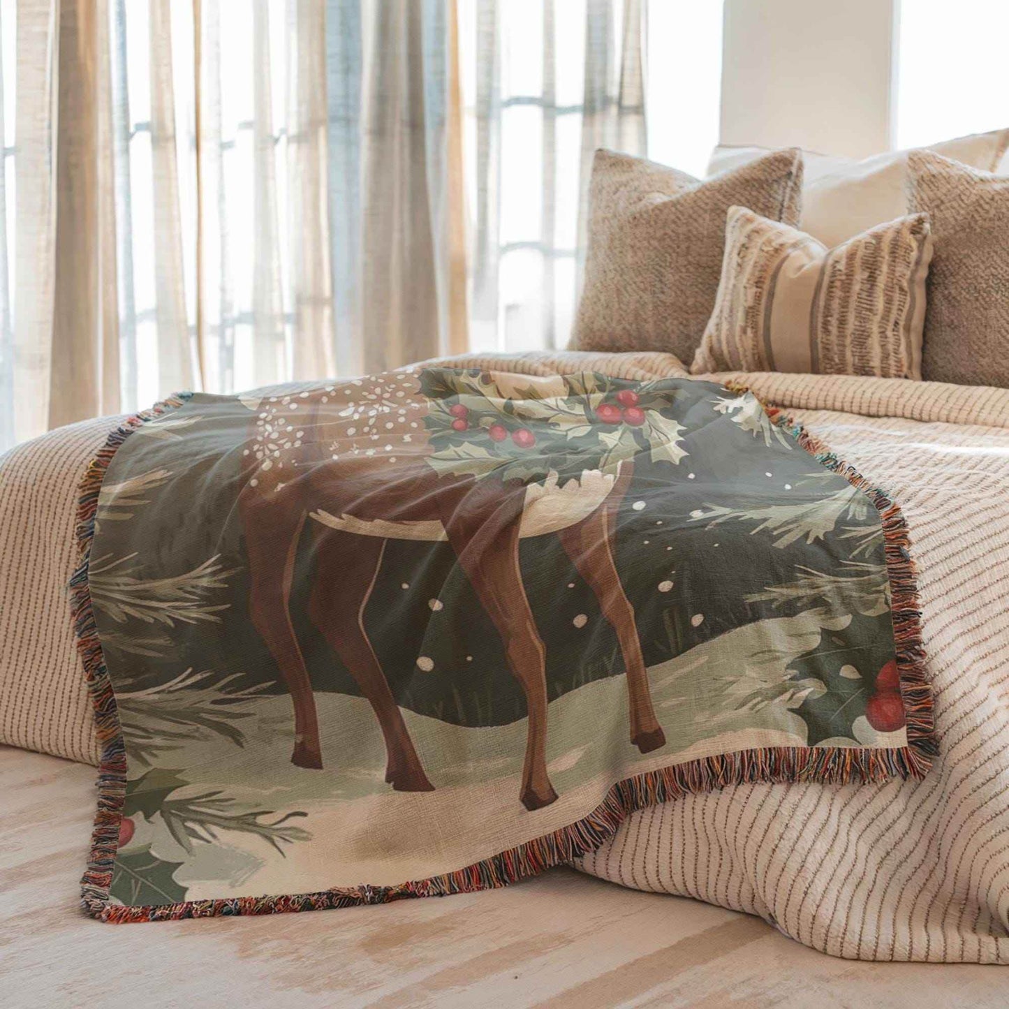 Christmas Woven Blanket – Cozy Cotton Throw With Festive Reindeer & Woodland Creatures - timelessbohochic.com