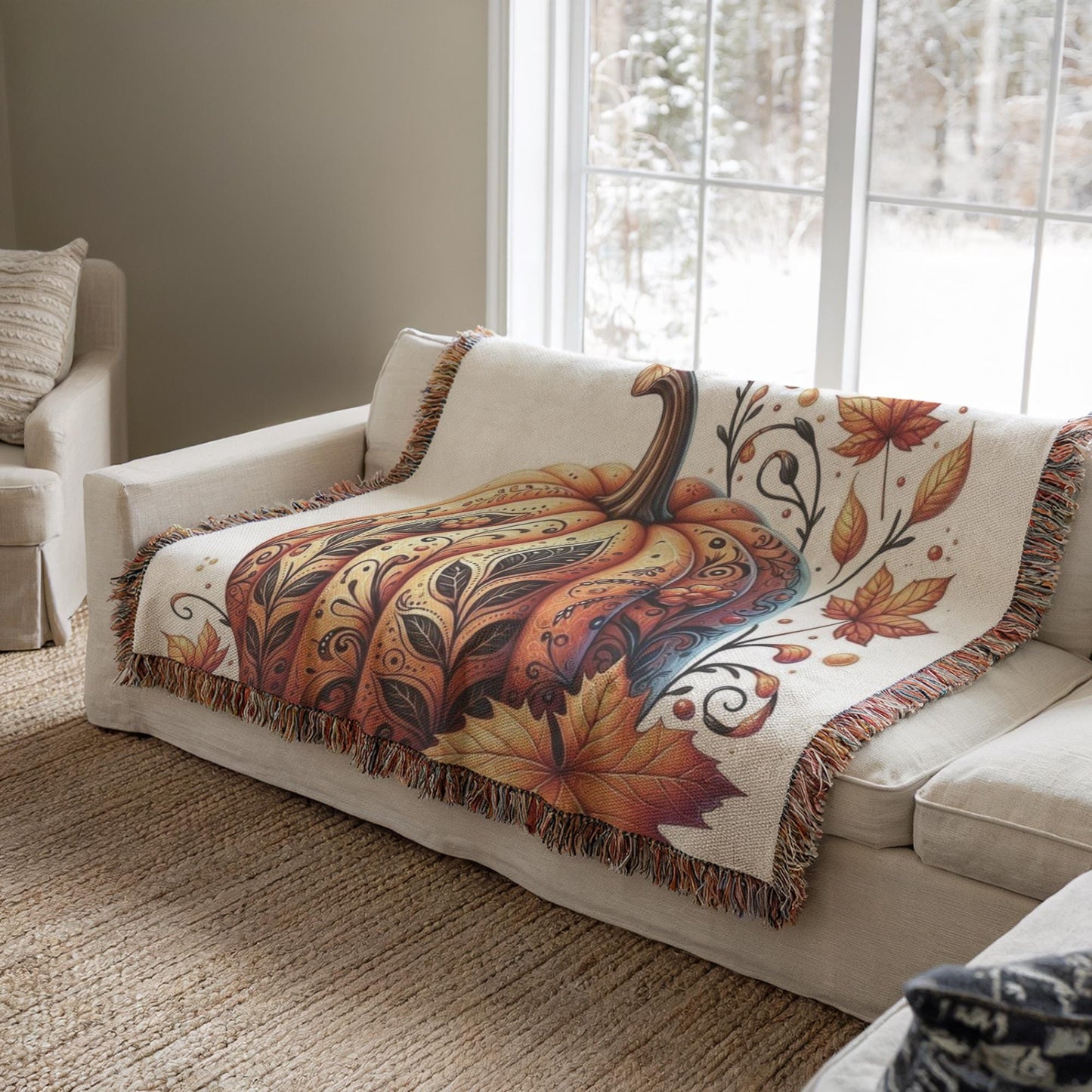 Thanksgiving Woven Blanket – Cozy Throw Blanket with Tattooed Pumpkin Design, Fringed Edge