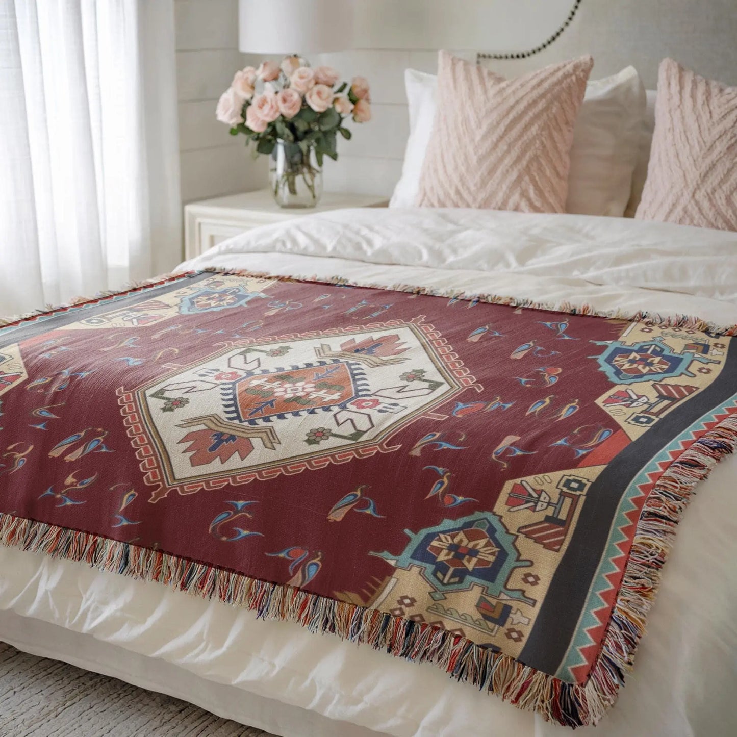 Anatolian Throw Blanket – Armenian Alphabet Cotton Woven Throw with Fringed Edge