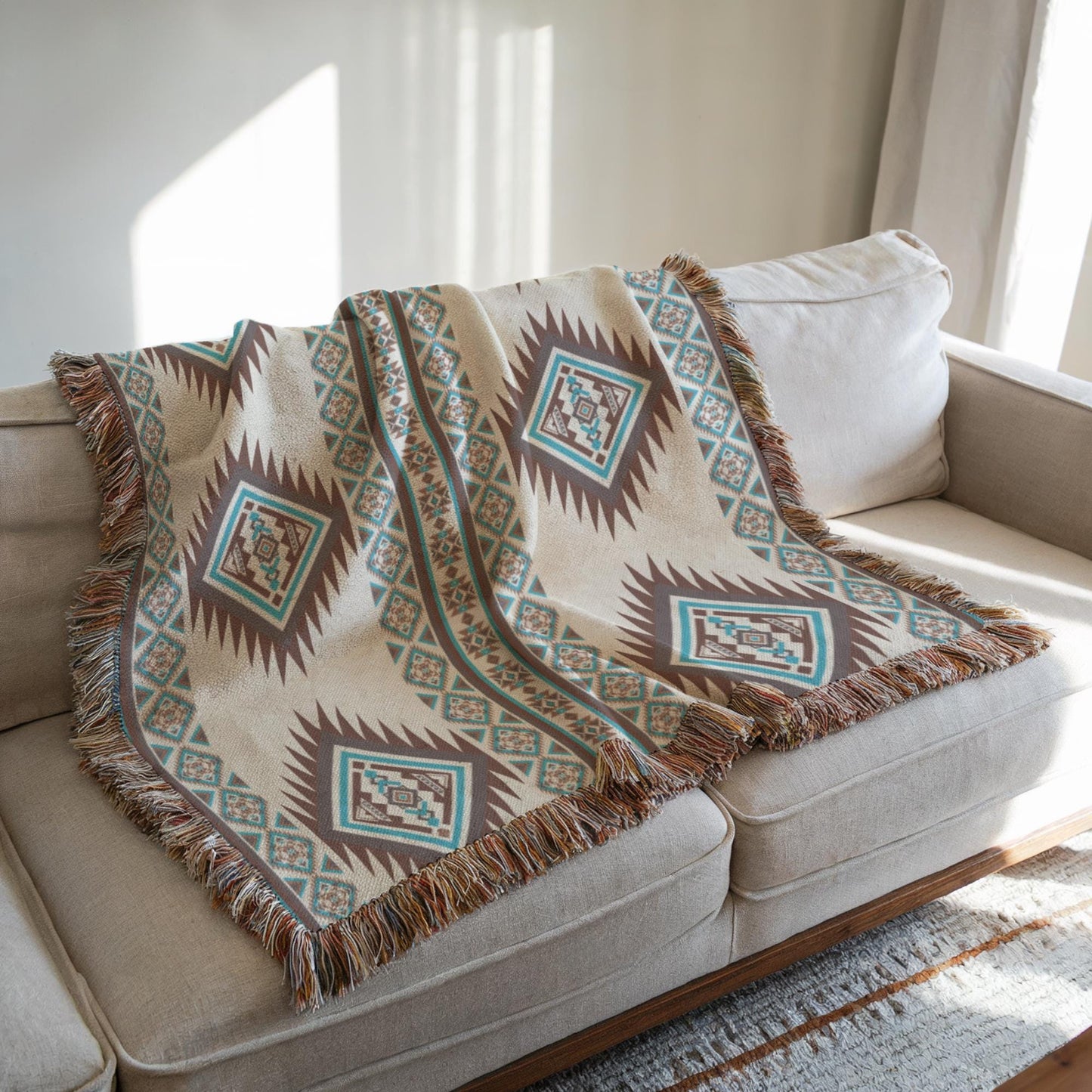 a beige couch with a decorative throw blanket on it. The blanket has a geometric pattern in shades of brown and blue, and it is placed on the right side of the couch. The couch is positioned against a white wall, and there is a window nearby.