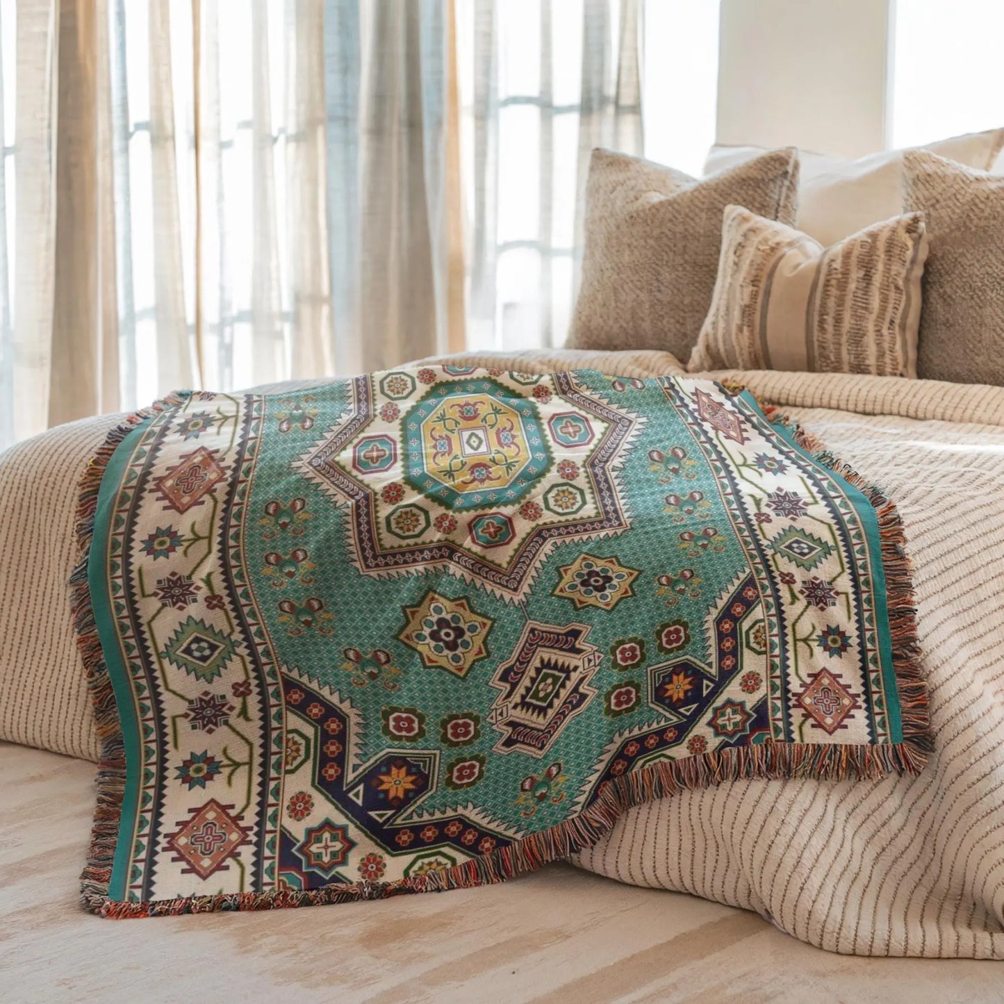 Cotton Throw Blanket - Persian Rug Throw with Pink Green Blanket, Boho Woven Bedspread