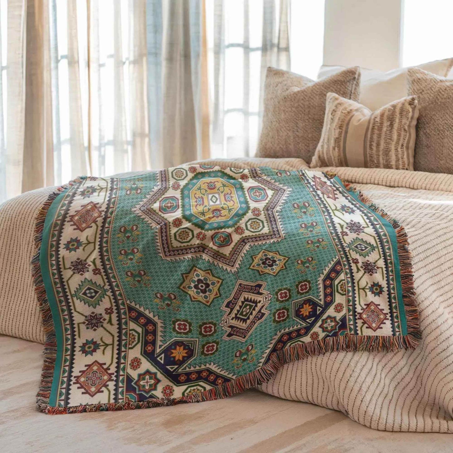 Cotton Throw Blanket - Persian Rug Throw with Pink Green Blanket, Boho Woven Bedspread - timelessbohochic.com