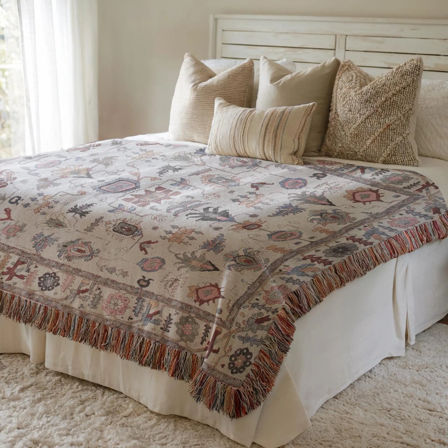 Anatolian Woven Blanket - Ethnic Tapestry Throw With Colorful Fringed Edges