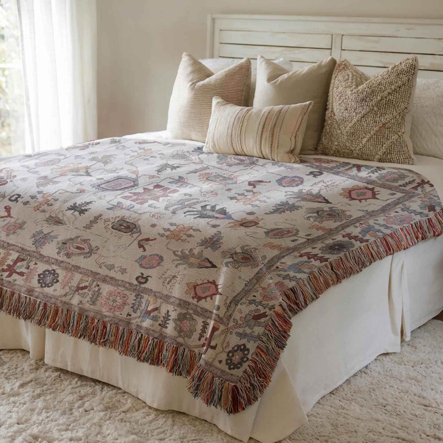Anatolian Woven Blanket - Colorful Ethnic Tapestry Throw with Fringed Edges - timelessbohochic.com