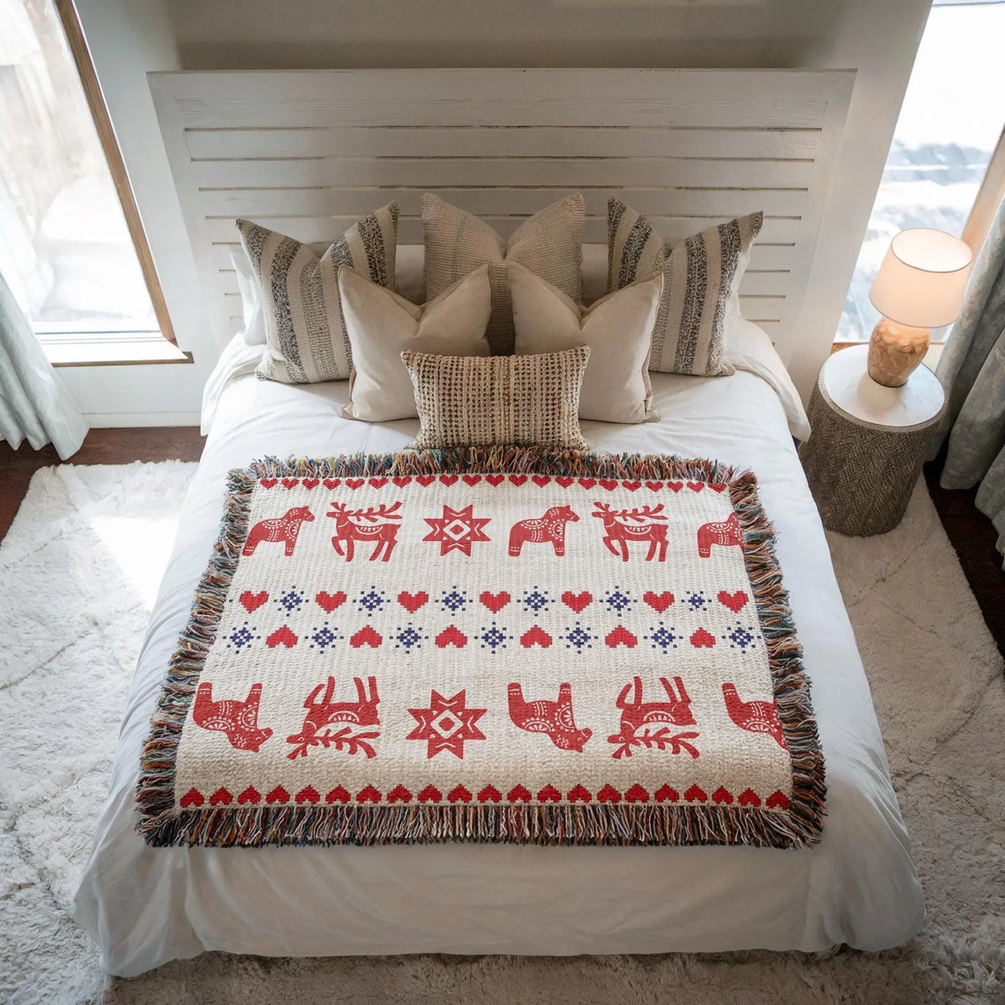 Swedish Woven Blanket - Nordic Throw Blanket With Dala Horse & Reindeer Design