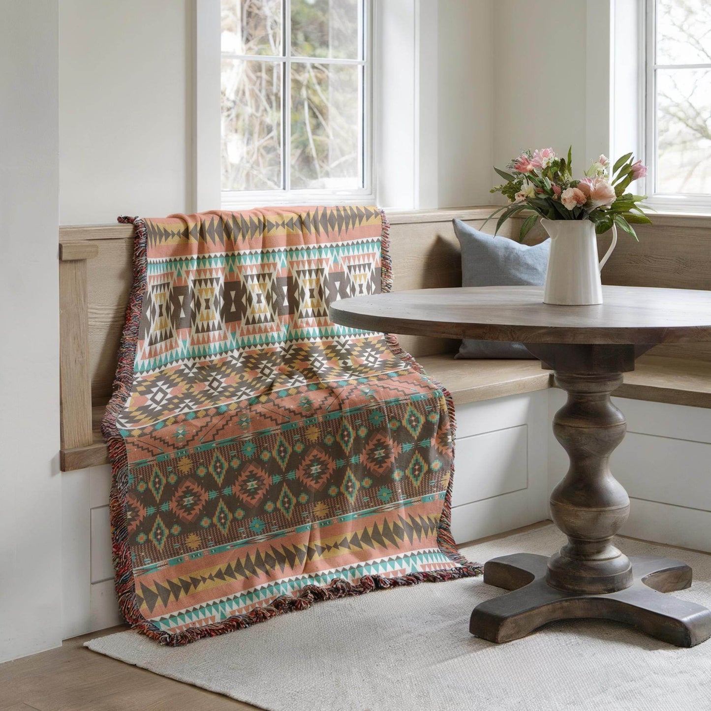 Navajo Pattern Chair Throw – Southwestern Decor Tribal Throw Blanket with Colorful Fringed Edges - timelessbohochic.com