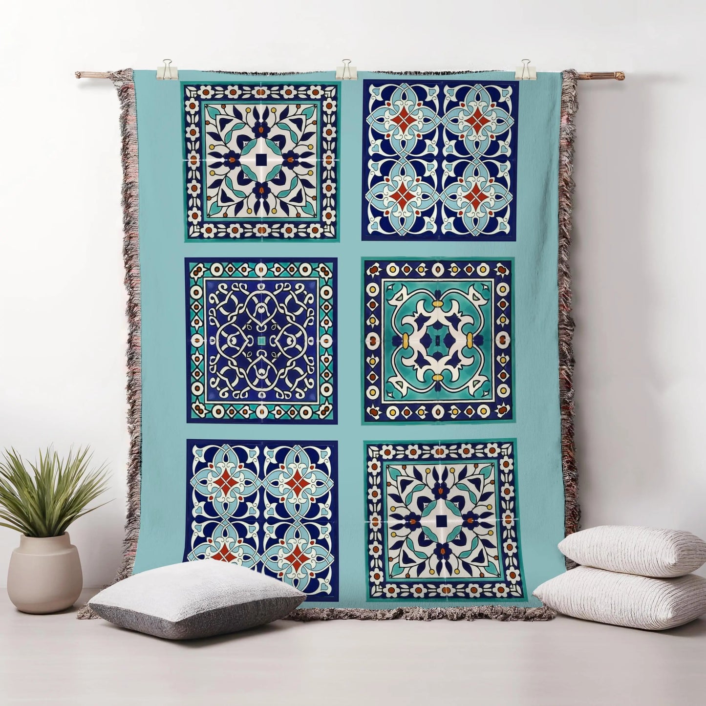 Cotton Throw Blanket - Persian Tile Tapestry | Boho Bedroom Accent & Cozy Couch