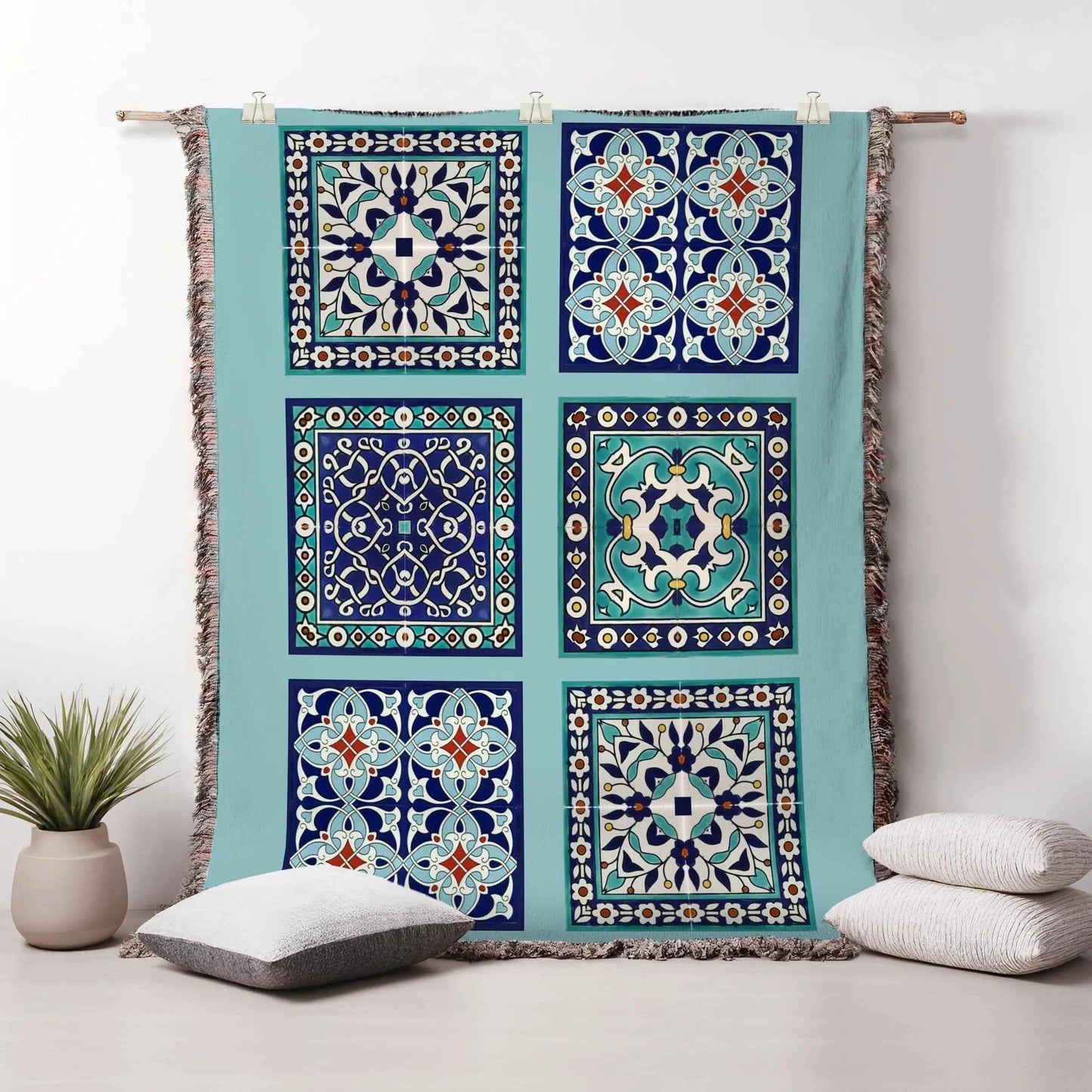 Cotton Throw Blanket - Persian Tile Tapestry for Boho Bedroom Accents & Cozy Couch - timelessbohochic.com