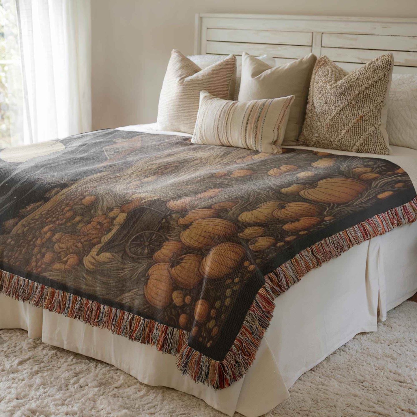 Pumpkin Patch Bedding - Harvest Season Blanket With Cotton Woven Throw & Colorful Fringed Edges - timelessbohochic.com