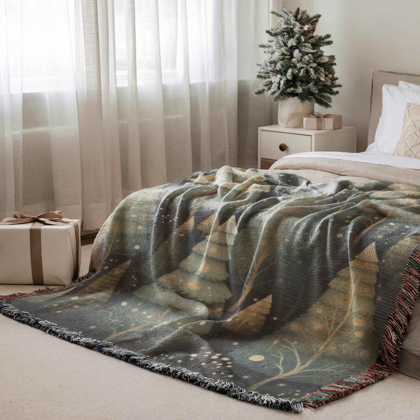 Forestcore Christmas Blanket - Festive Office Decor | Woven Cotton Throw with Fringed Edges - timelessbohochic.com