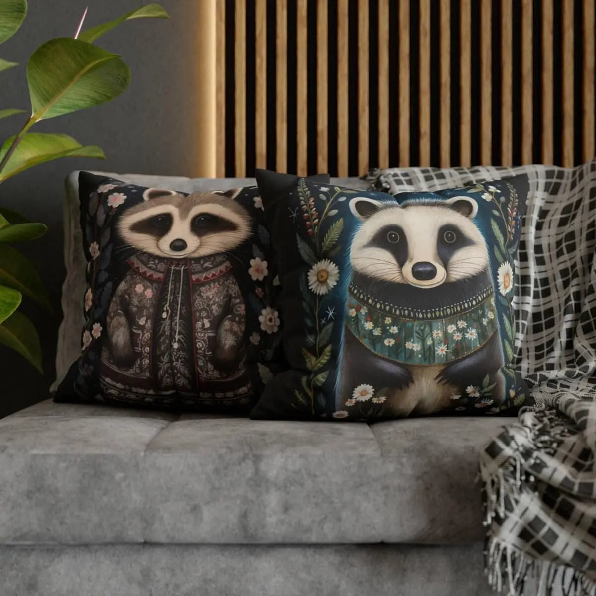 Folk Art Pillow – Nordic Decor Double-Sided Cover with Woodland Animal Design