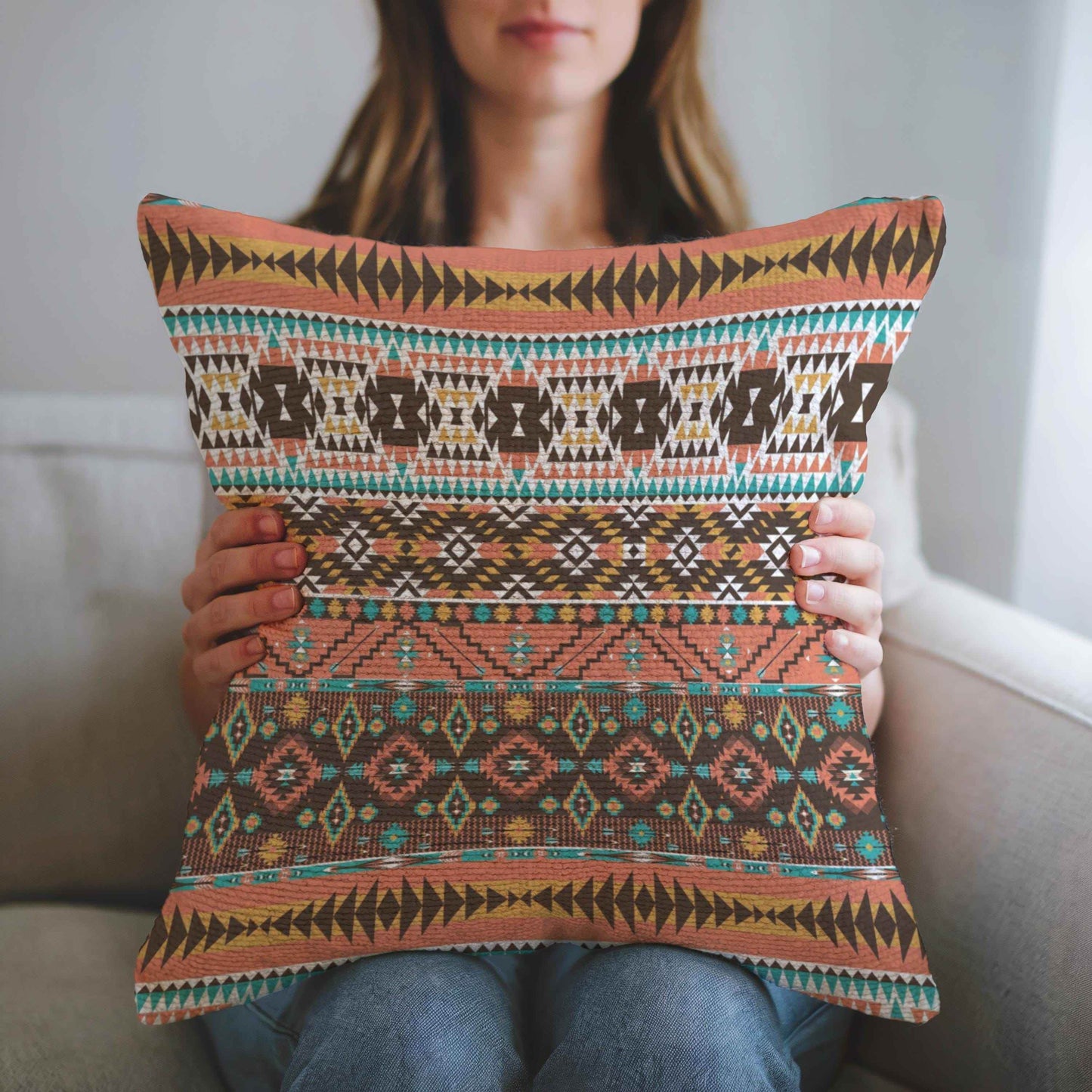 Ikat Cotton Throw Pillow - Cozy Rustic Cushion With Woven Texture & Colorful Fringed Edges - timelessbohochic.com