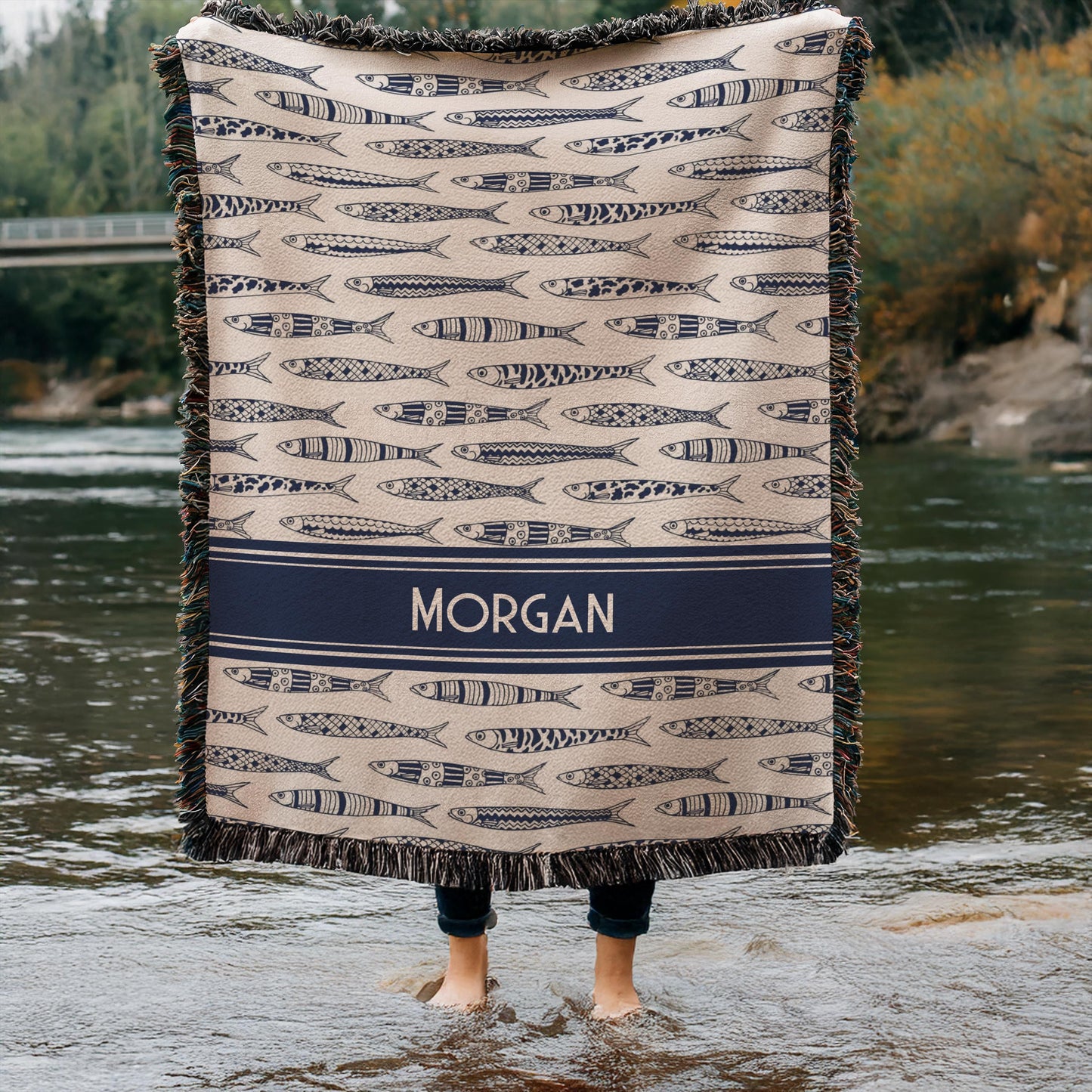 Custom Sardine Blanket | Soft Cotton Woven Throw, Personalized Beach Towel & Coastal Home Decor