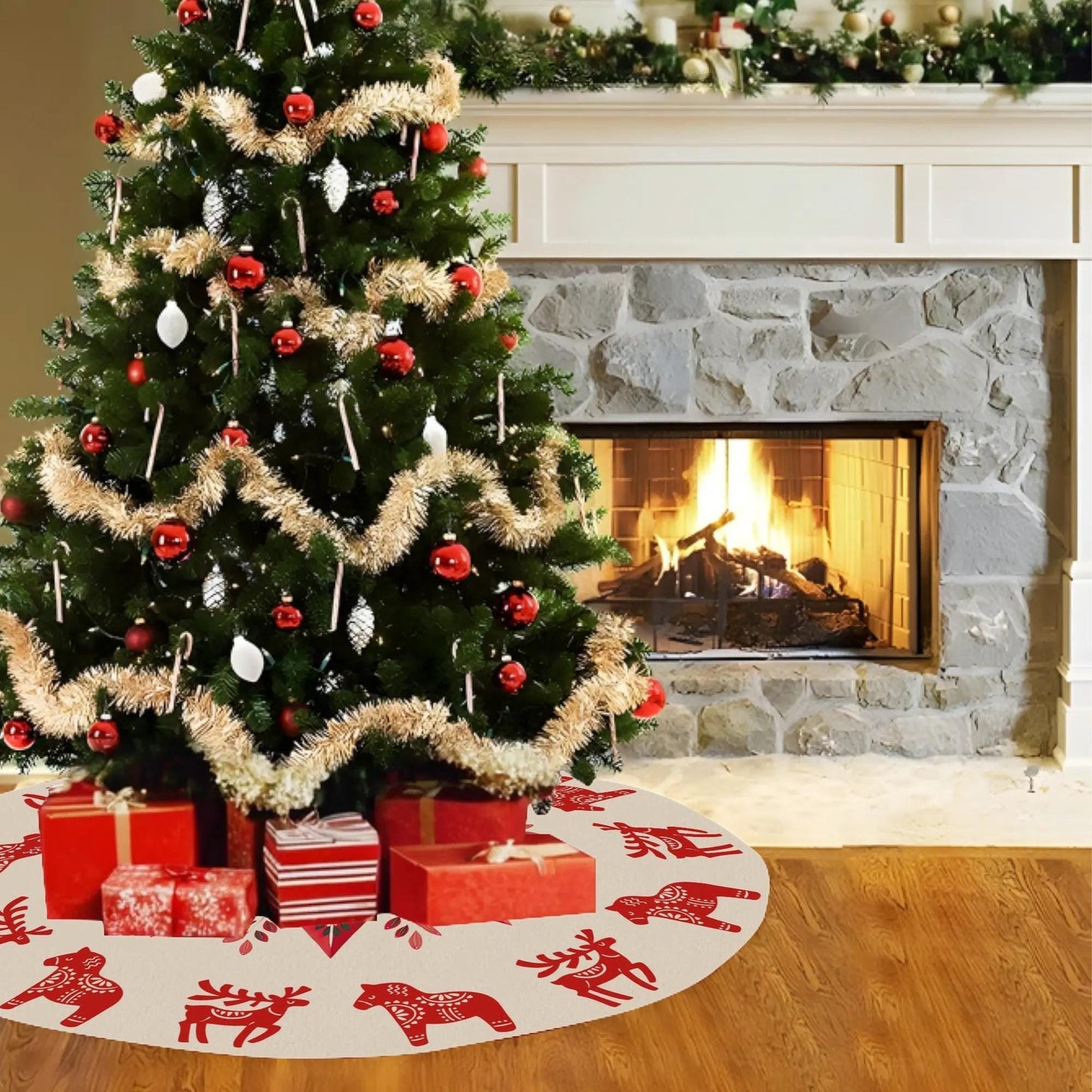 Nordic Christmas Tree Skirt - Scandinavian Holiday Decor With Dala Horse & Reindeer