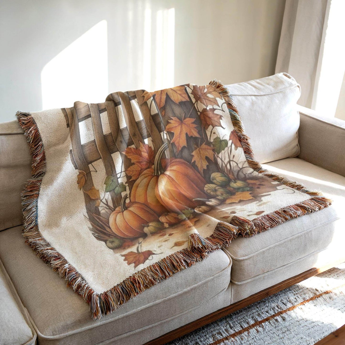Thanksgiving Couch Blanket, Fall Leaves Sofa Throw, Harvest Season Cover, Cotton Woven Throw, Warm Farmhouse Decor, Thanksgiving Gift Idea - timelessbohochic.com