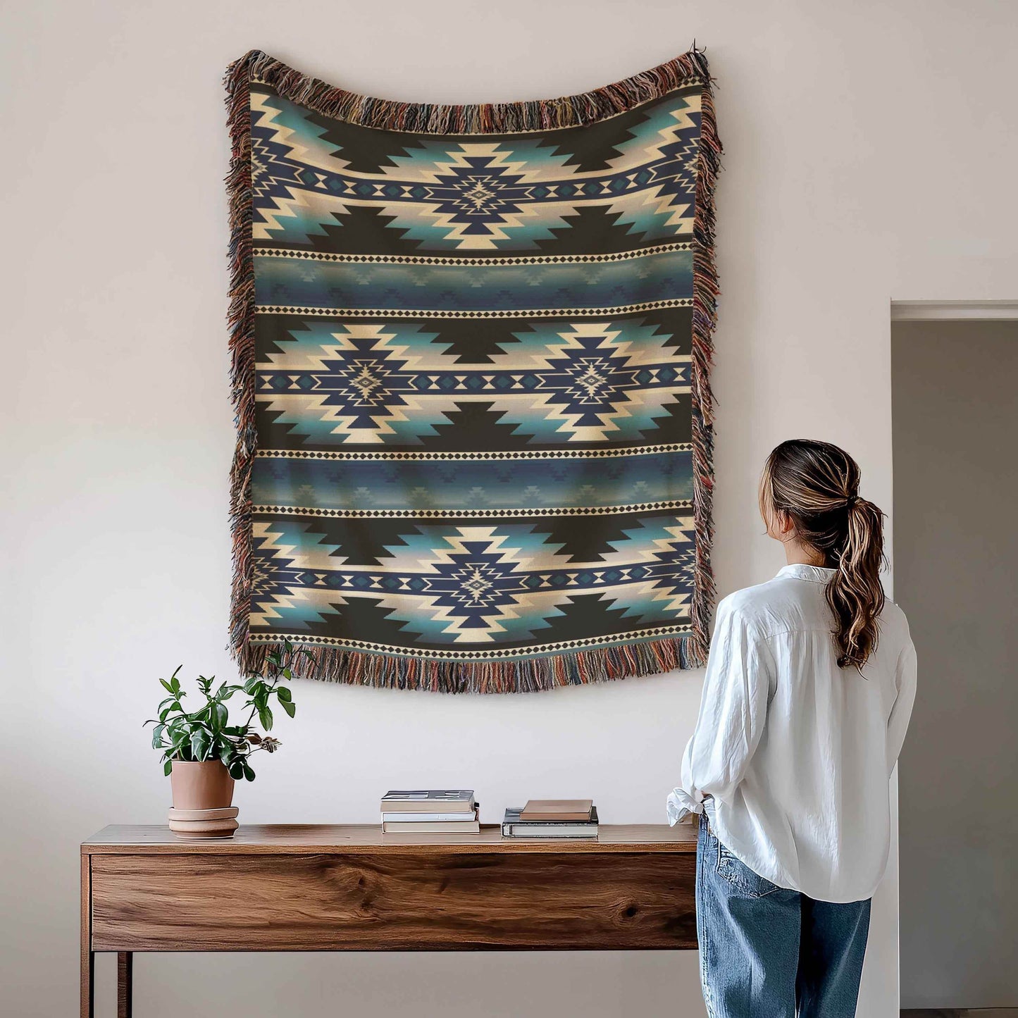 Native American Woven Blanket - Southwestern Throw With Geometric Cotton Design - timelessbohochic.com