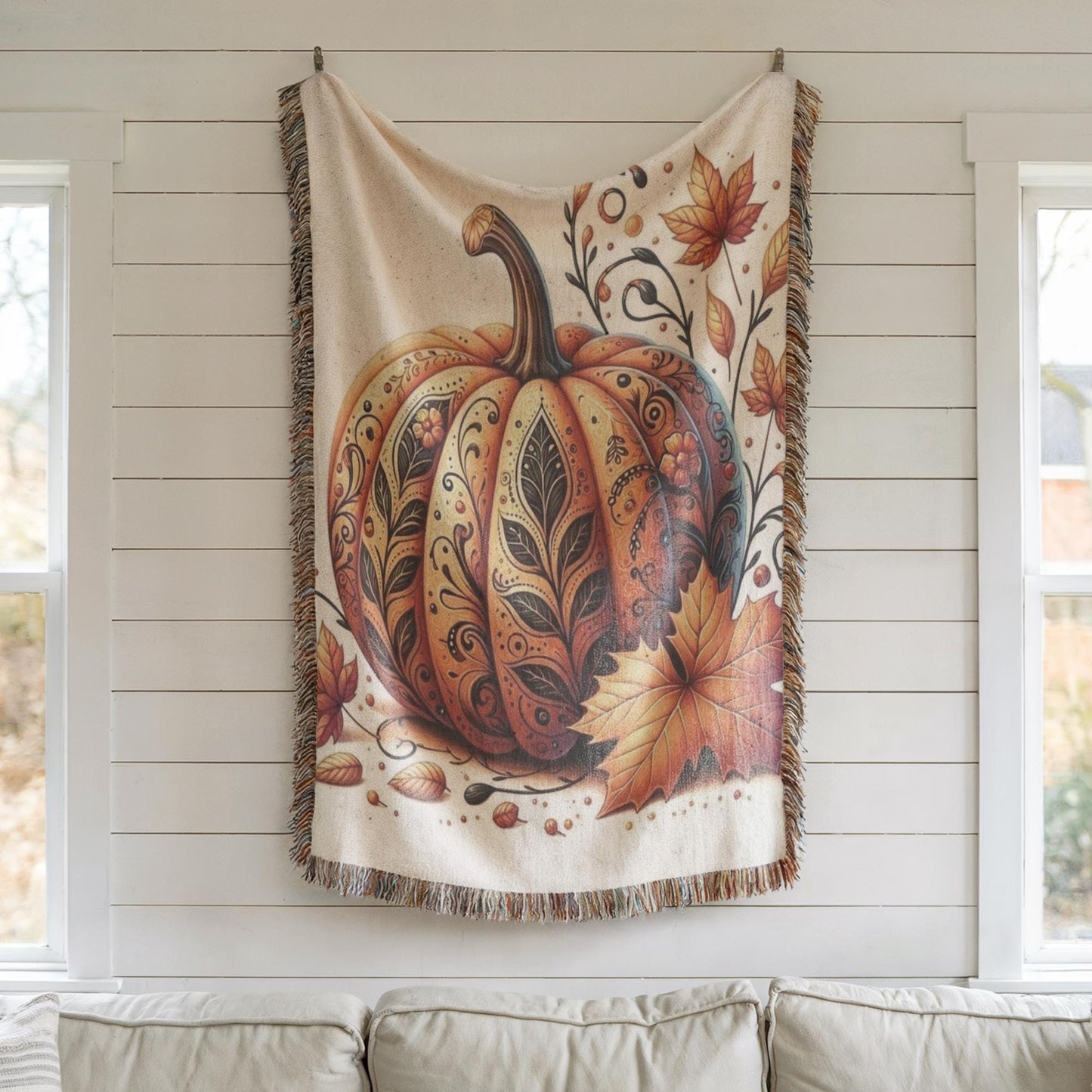 Thanksgiving Throw Tapestry - Pumpkin Wall Art | Cozy Fall Home Decor