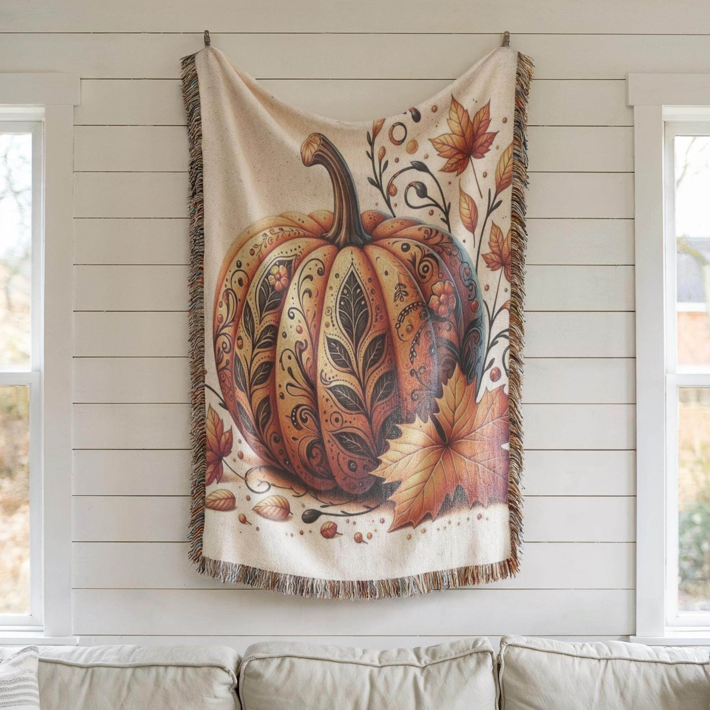 Thanksgiving Throw Tapestry - Pumpkin Wall Art | Cozy Fall Home Decor - timelessbohochic.com
