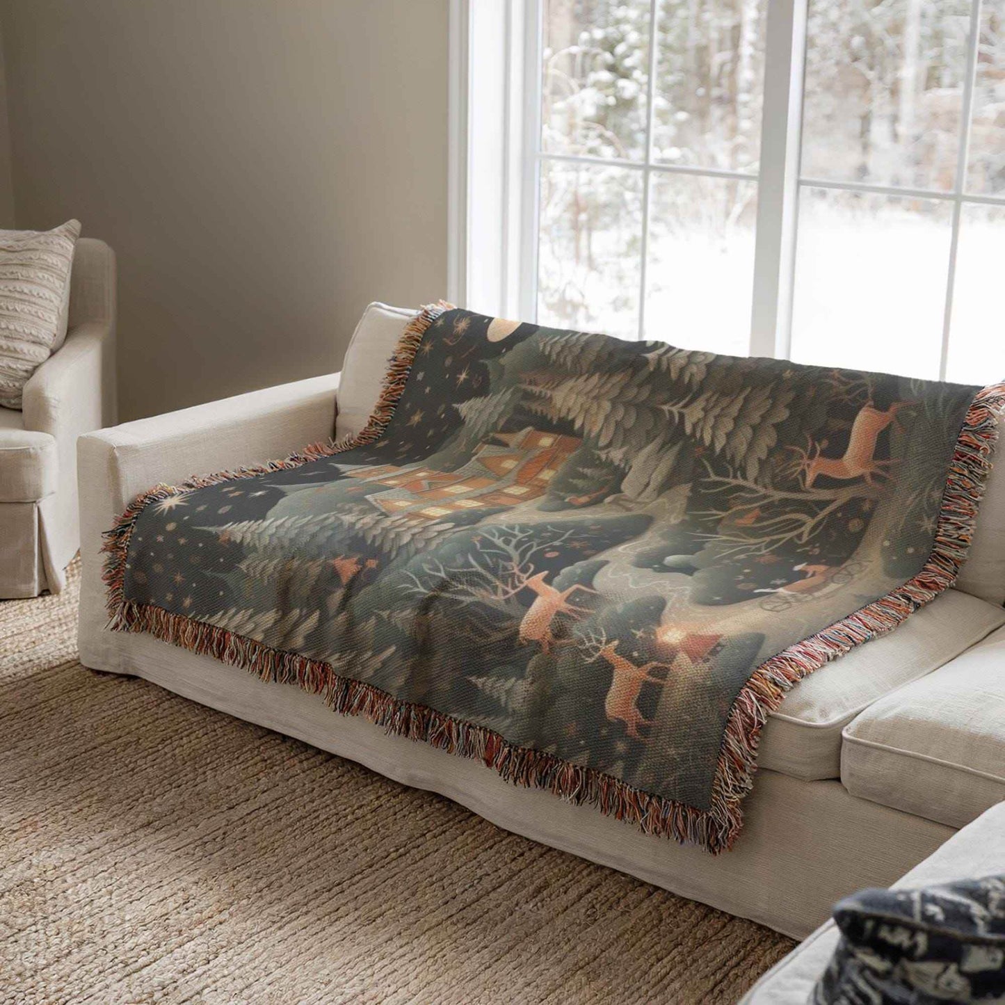 Festive Woven Blanket – Christmas Tree Tapestry With Reindeer & Magical Castle Throw - timelessbohochic.com
