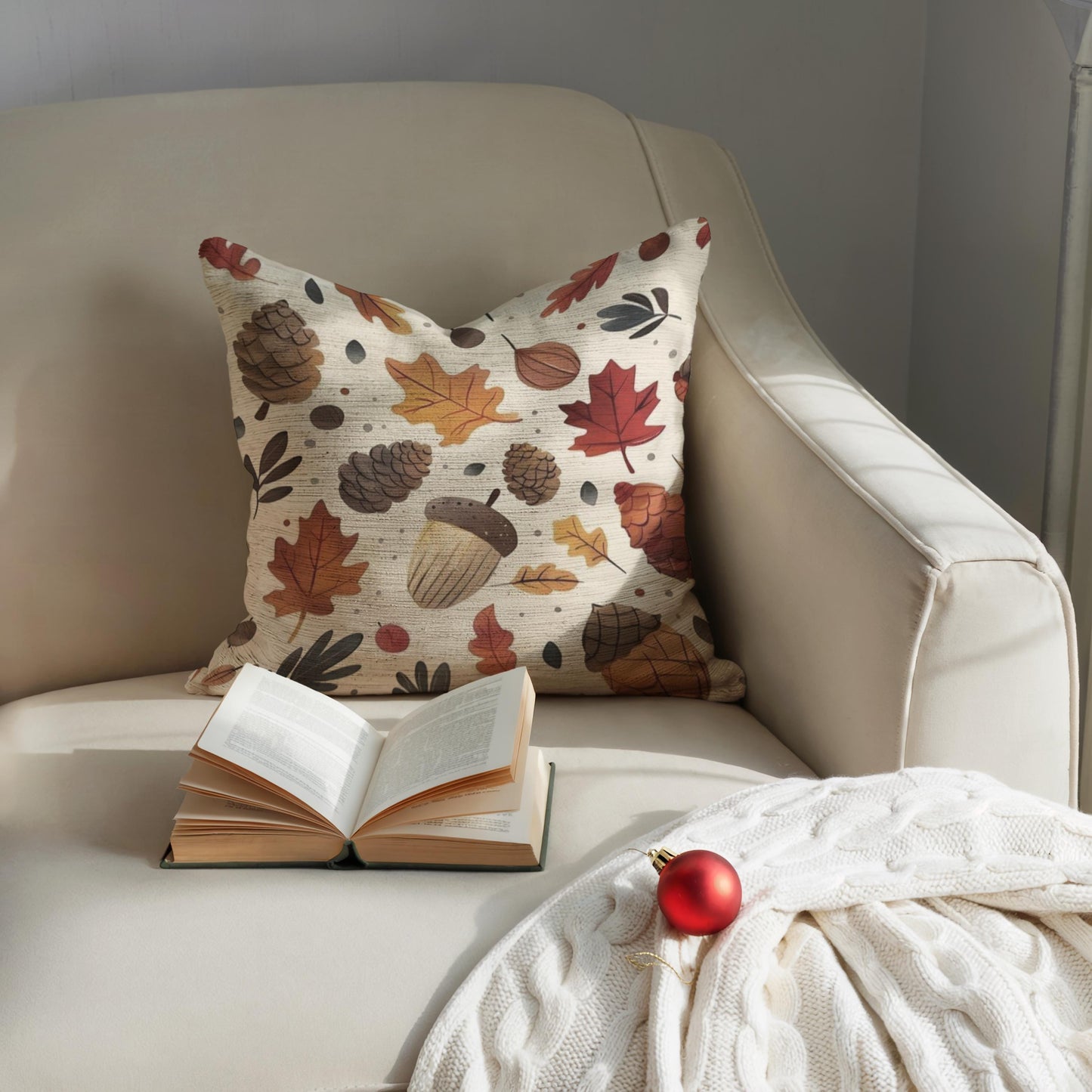 Woven Fall Pillow – Autumn Throw Pillow With Acorn Pine Cone Design