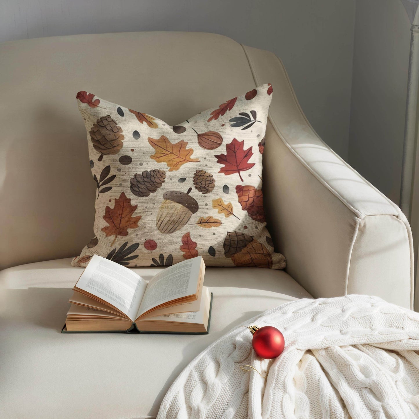 Woven Fall Pillow – Autumn Throw Pillow With Acorn Pine Cone Design - timelessbohochic.com