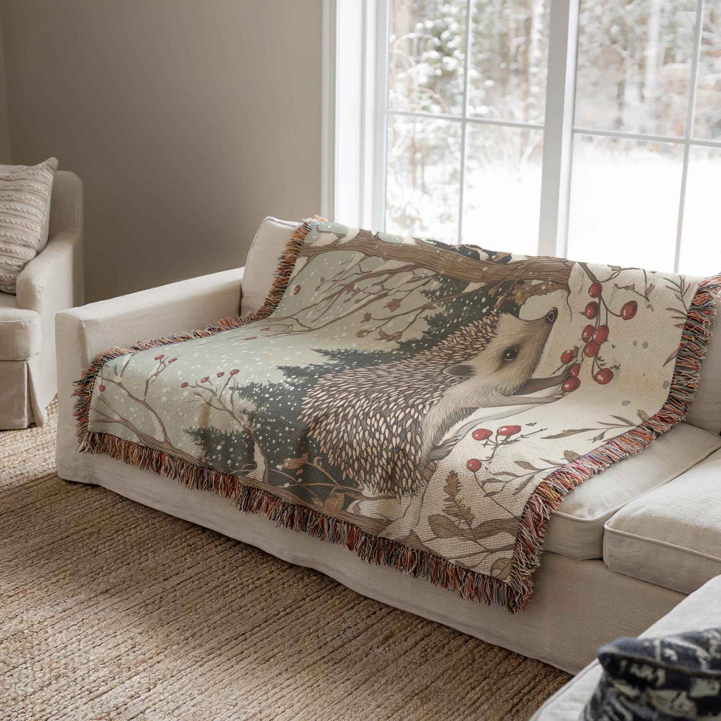 Woodland Creature Blanket - Cozy Cotton Woven Throw With Hedgehog Design - timelessbohochic.com