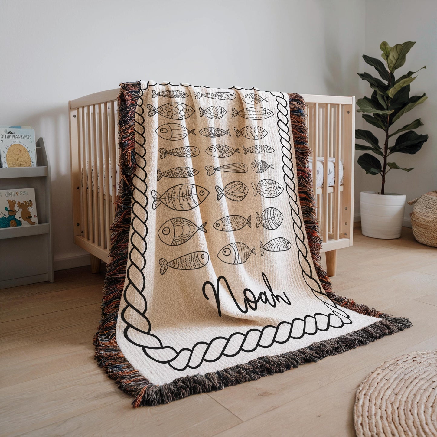 Personalized Baby Fish Blanket – Custom Name Cotton Nursery Decor, Ocean Theme