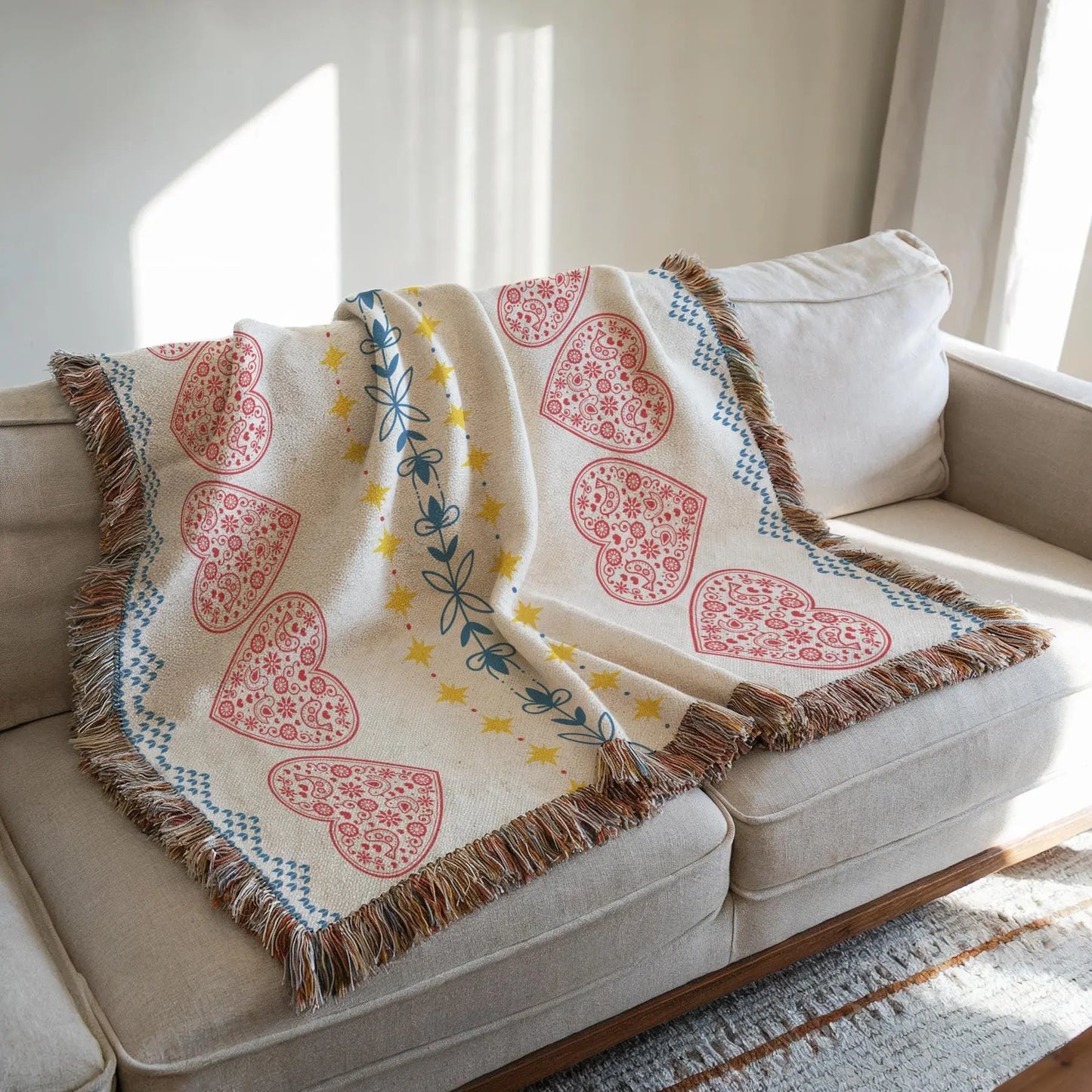 Cotton Woven Blanket – Swedish Scandi Heart Throw with Nordic Star Design