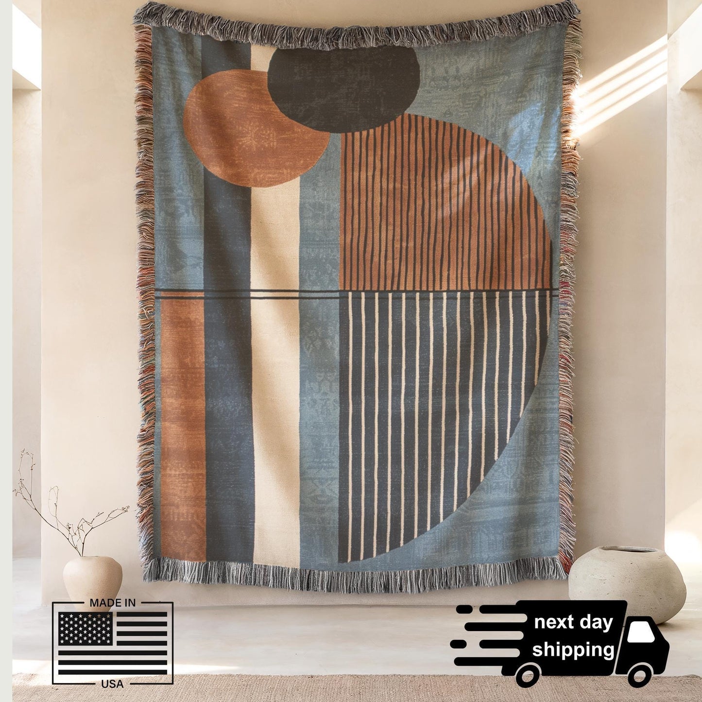 Modern Woven Blanket - Blue Rust Brown Cotton Throw With Colorful Fringed Edges