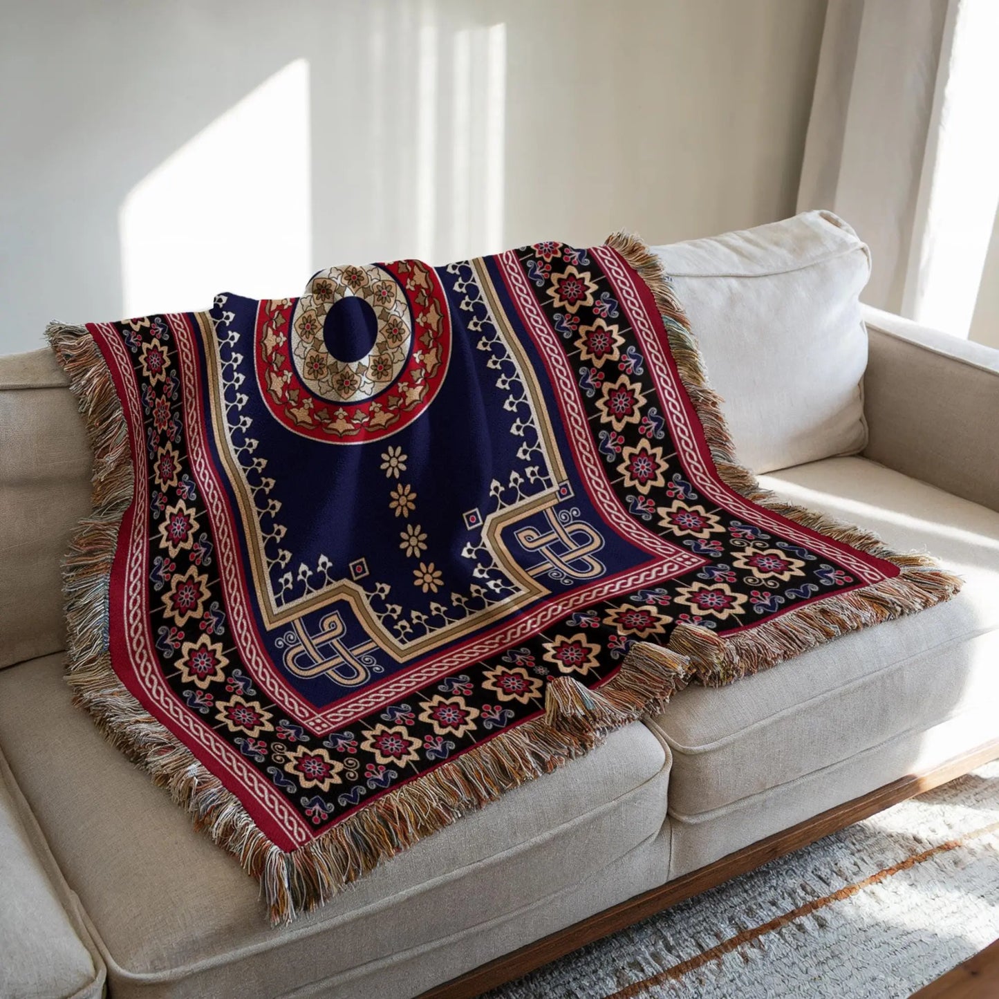 Woven Kilim Blanket - Bohemian Couch Throw With Persian Rug Pattern & Colorful Fringed Edges