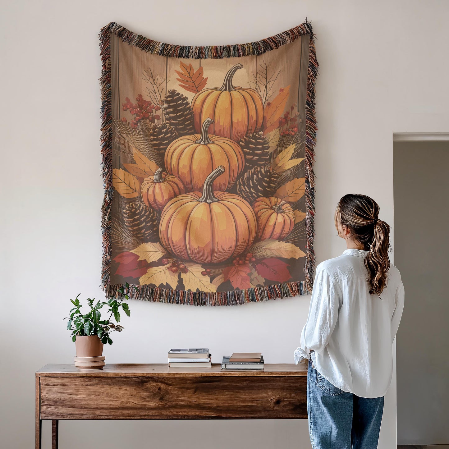 Fall Decor Thanksgiving Art Tapestry with Pumpkins Wall Hanging, Autumn Harvest Season Gift Fall Textile Wall Art for Home Decor & Fireplace
