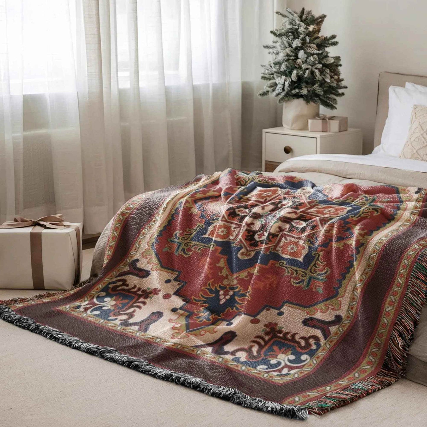 Persian Rug Woven Blanket - Soft Cotton Throw with Fringed Edge - timelessbohochic.com