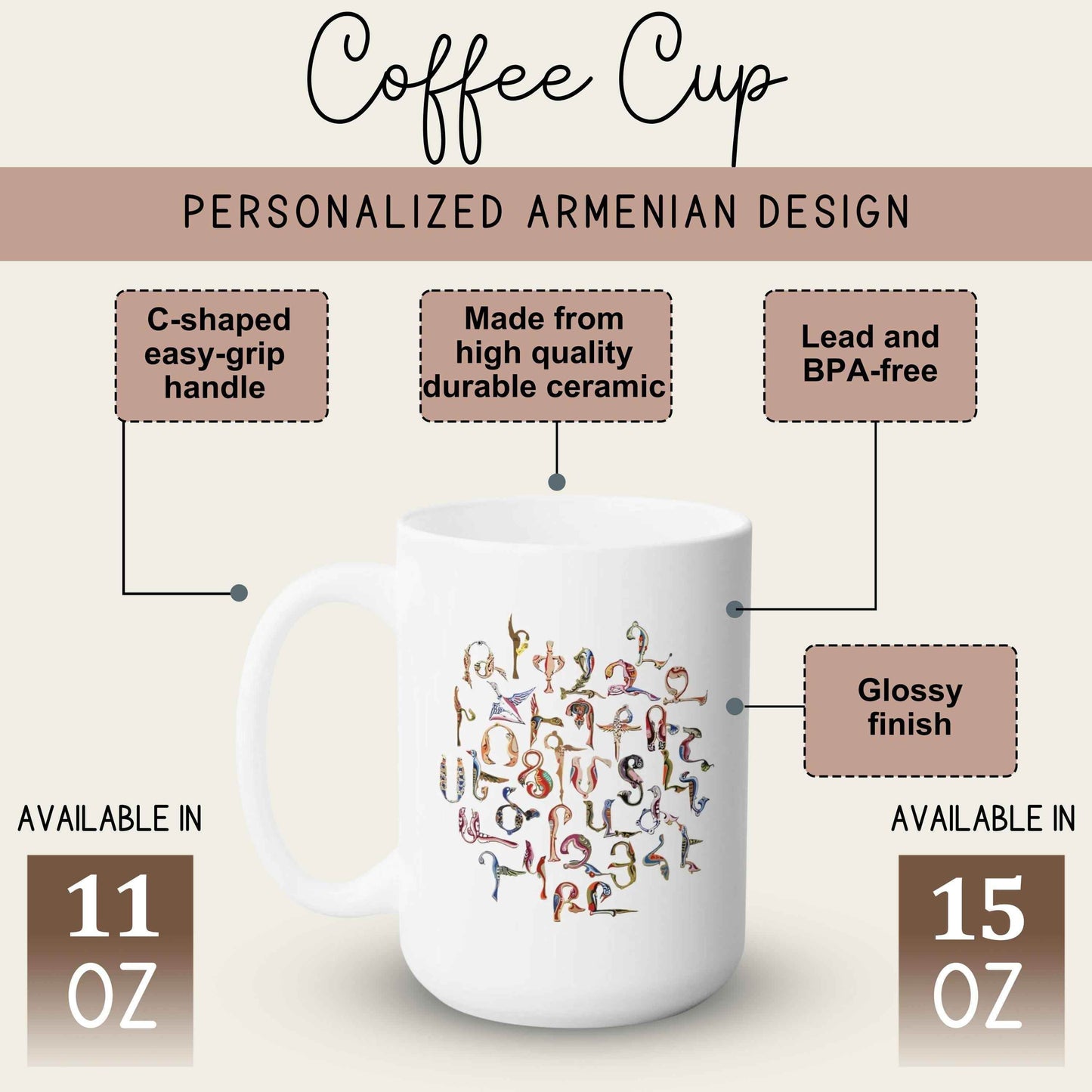 Personalized Armenian Coffee Mug - Custom Name Birds Alphabet Design Ceramic Cup - timelessbohochic.com