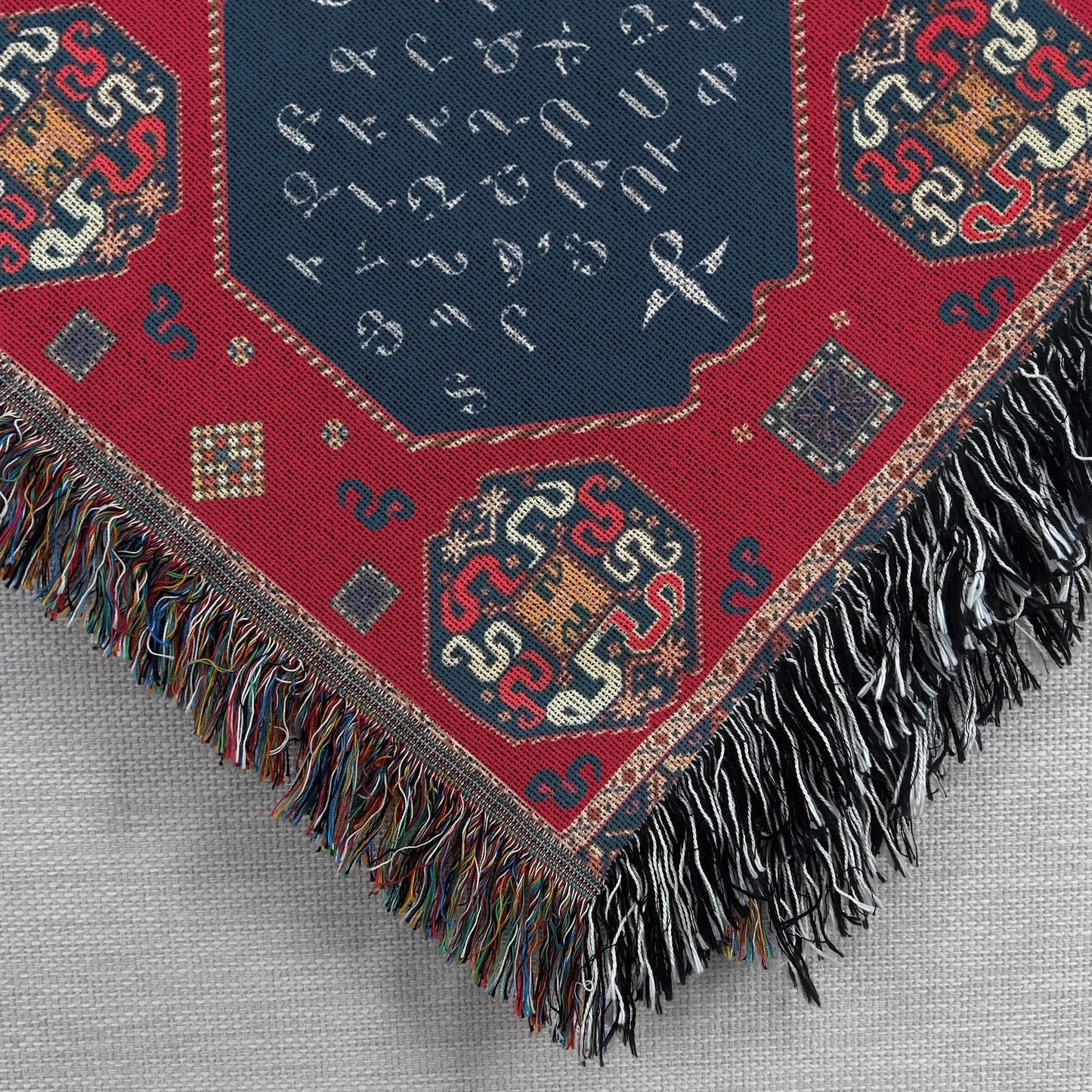 Armenian Alphabet Blanket - Woven Throw Blanket with Fringed Edges, Soft Cotton