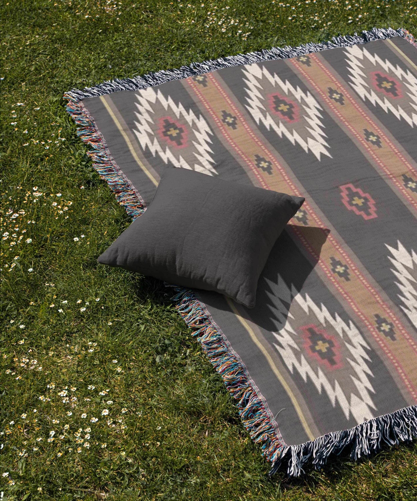 Southwestern Cotton Throw Blanket – Cozy Ikat Design with Fringed Edge - timelessbohochic.com