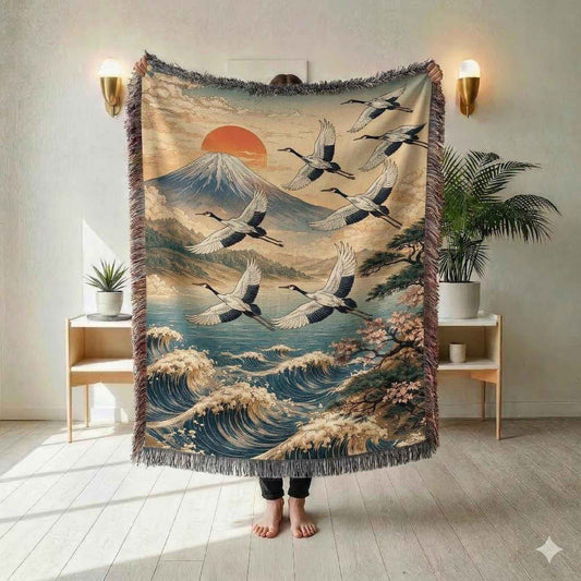 Modern Geometric woven blanket with geometric pattern styled for layered home decor
